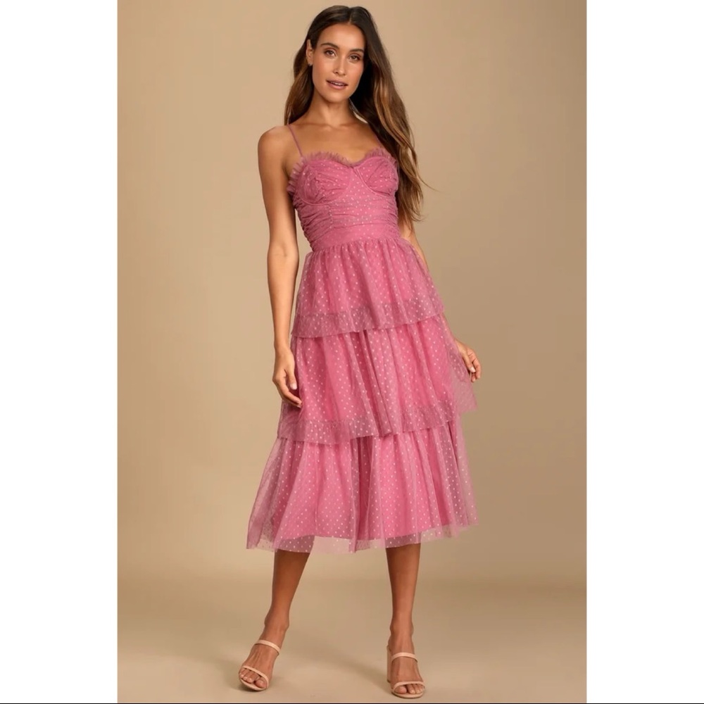 NWOT Lulus Sweetheart Style Mauve Polka Dot Bustier Tiered Midi Dress Small - Picture 2 of 12